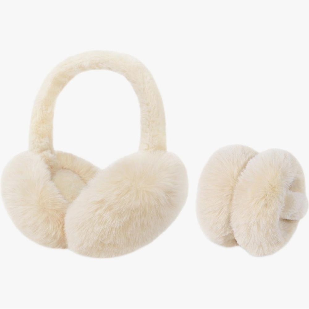 Off white cream faux fur fluffy earmuffs, muffs for warm winter